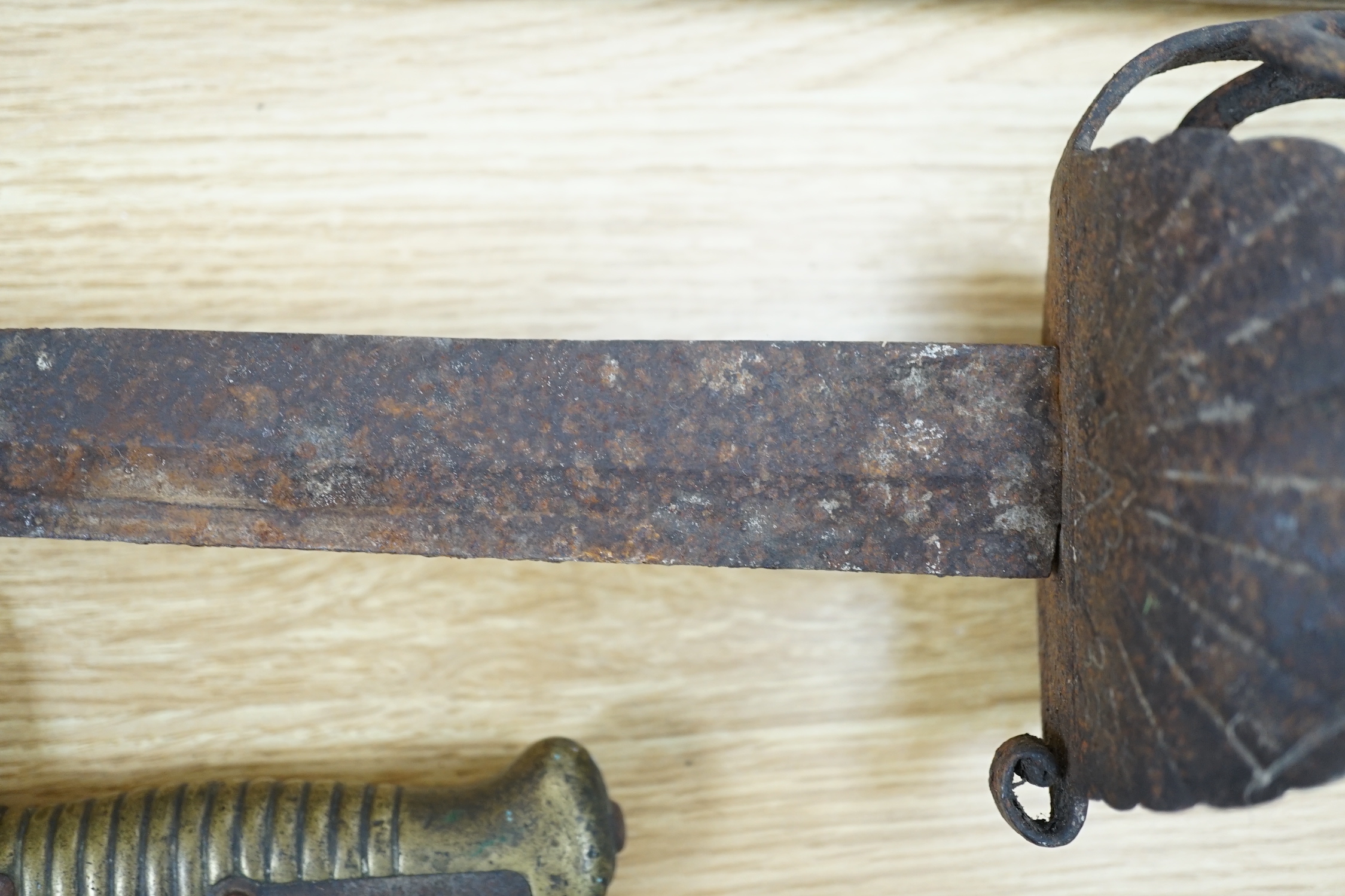 An early pike, a basket hilt sword and a French bayonet. longest 193cm